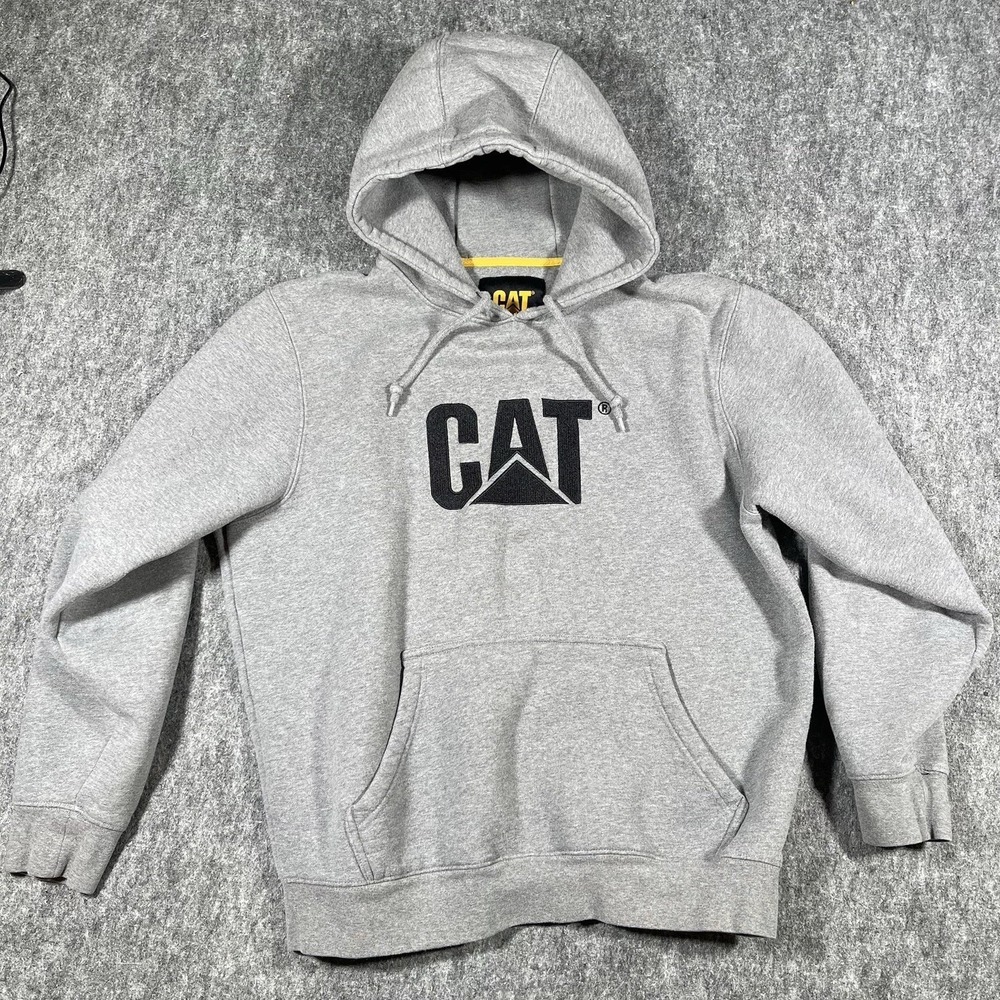 CAT Caterpillar Hoodie Sweatshirt Mens L Gray Hooded Embroidered Pullover Y2K